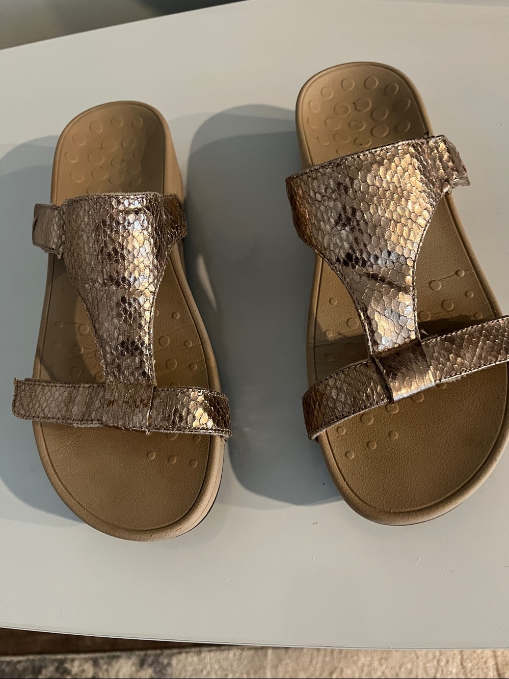 Vionic Snake-Embossed Metallic Slide Sandals - Neutral Metallic Size 10